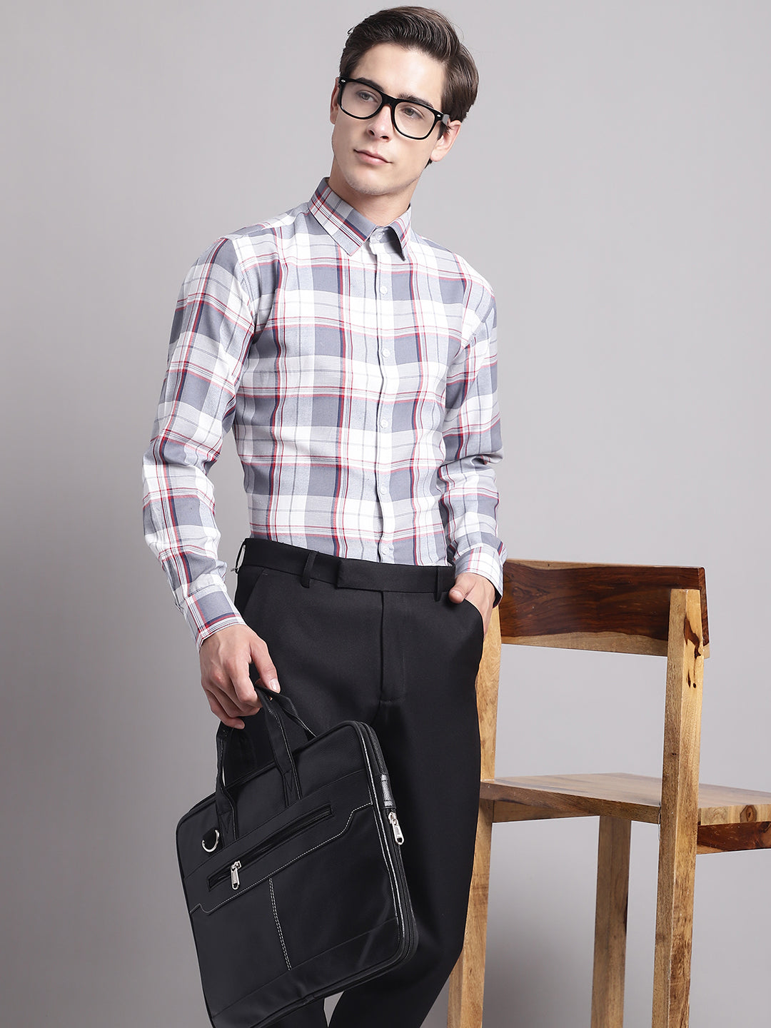 Jainish Men's Grey Checked Ragular Fit Formal Shirt - Grey