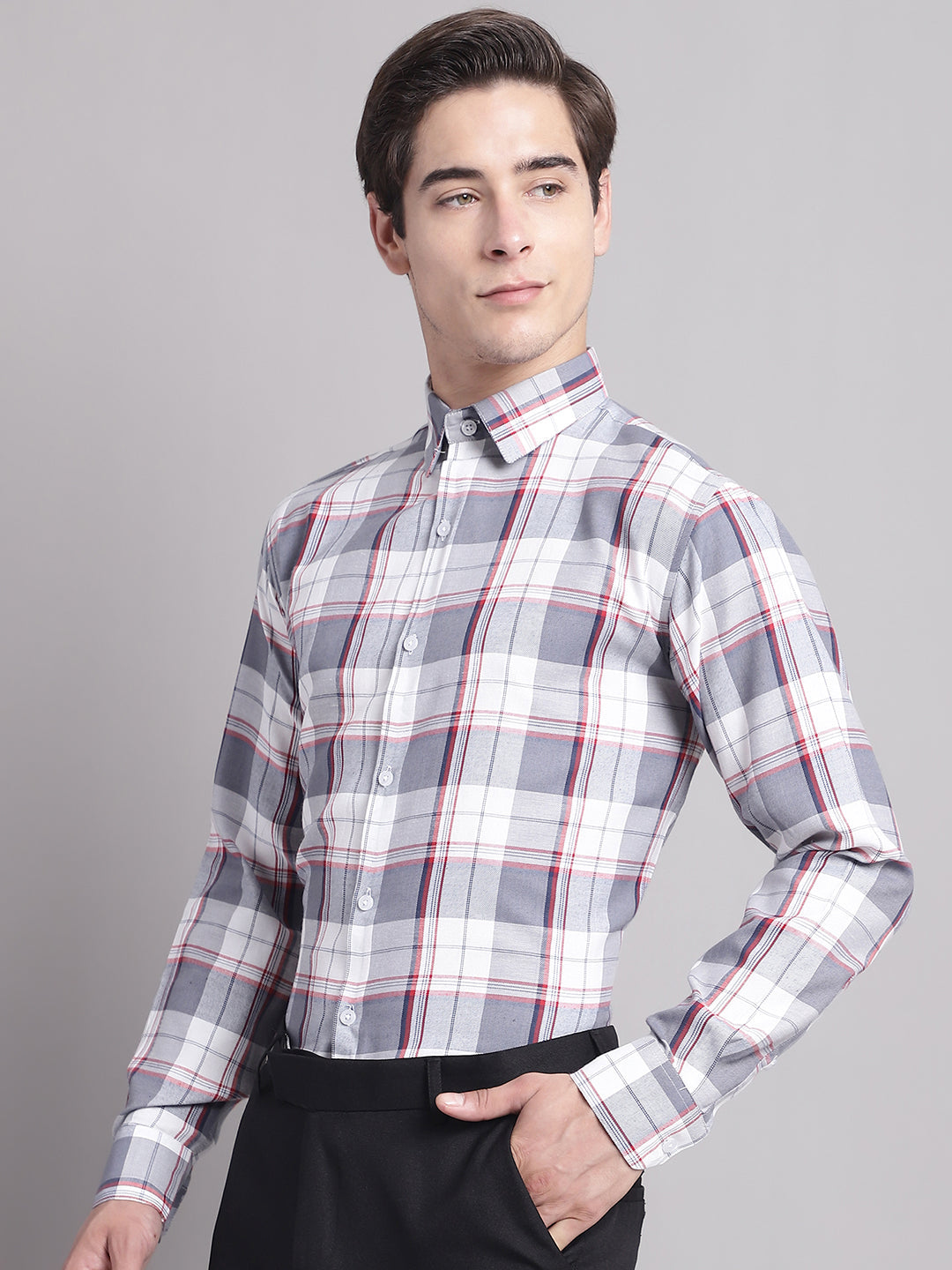 Jainish Men's Grey Checked Ragular Fit Formal Shirt - Grey