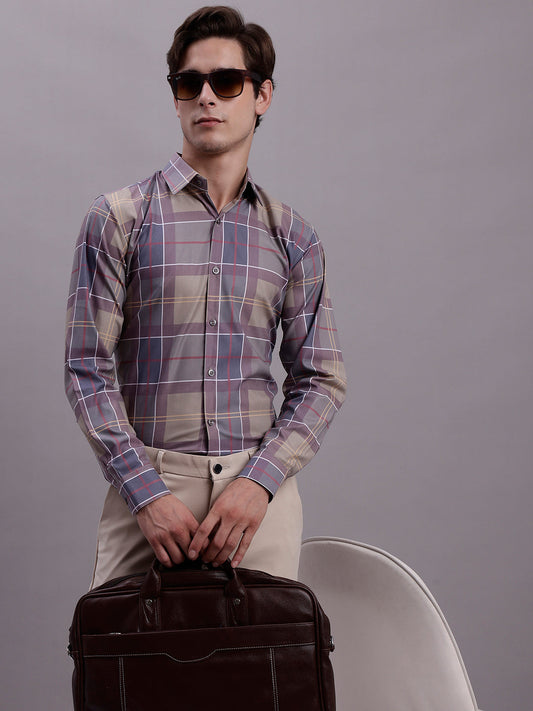 Jainish Men's Cotton Blend Checked Formal Shirt - Brown
