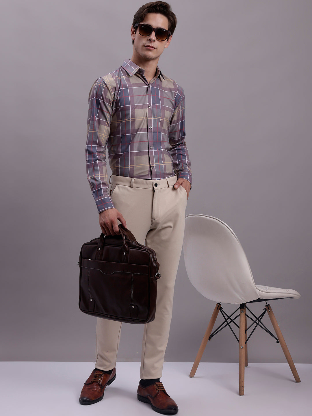 Jainish Men's Cotton Blend Checked Formal Shirt - Brown