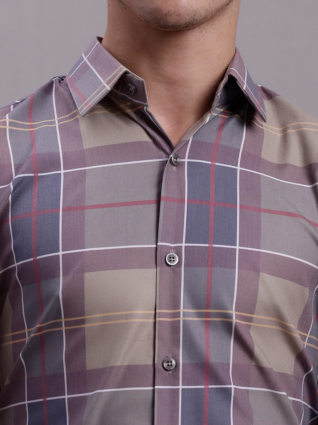 Jainish Men's Cotton Blend Checked Formal Shirt - Brown
