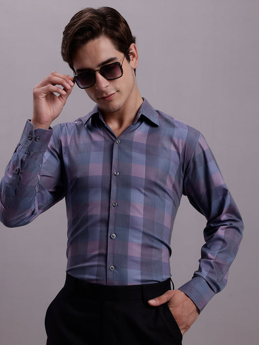 Jainish Men's Cotton Blend Checked Formal Shirt - Purple