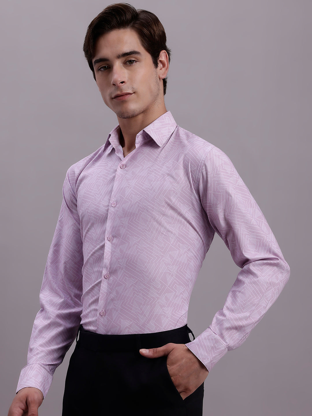 Jainish Men's Geomatric Printed Cotton Blend Formal Shirt - Light-Purple