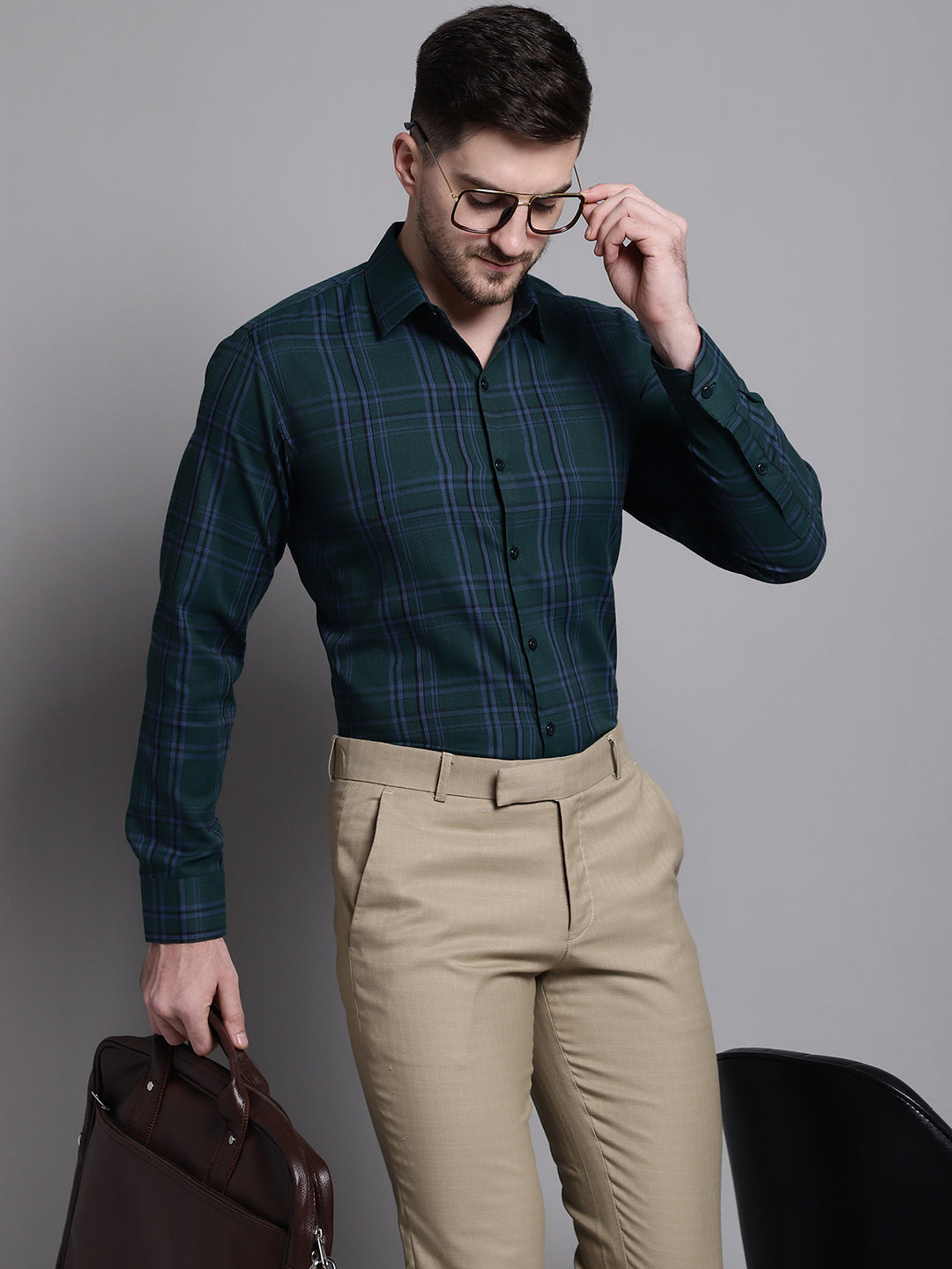 Jainish Men's Classic Checks Formal Shirt - Green