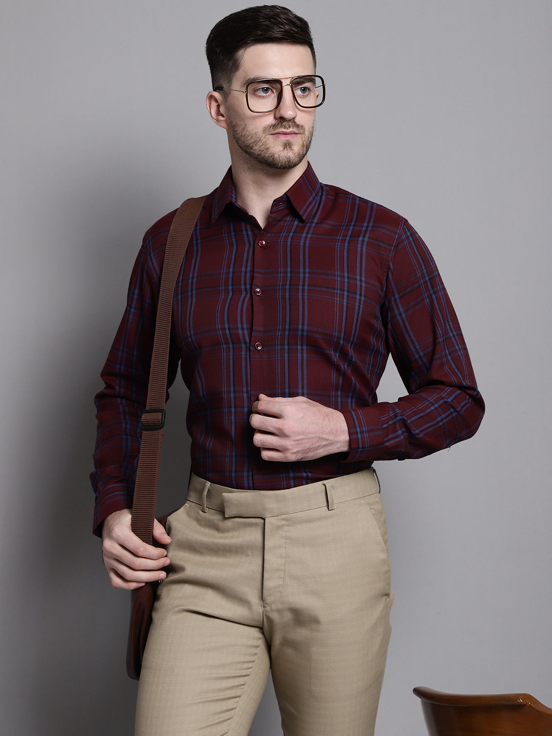 Jainish Men's Classic Checks Formal Shirt - Maroon