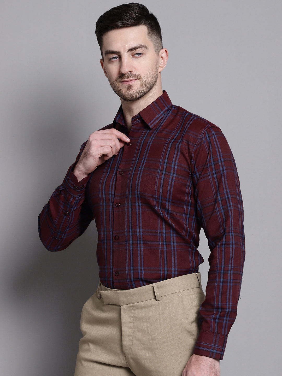 Jainish Men's Classic Checks Formal Shirt - Maroon