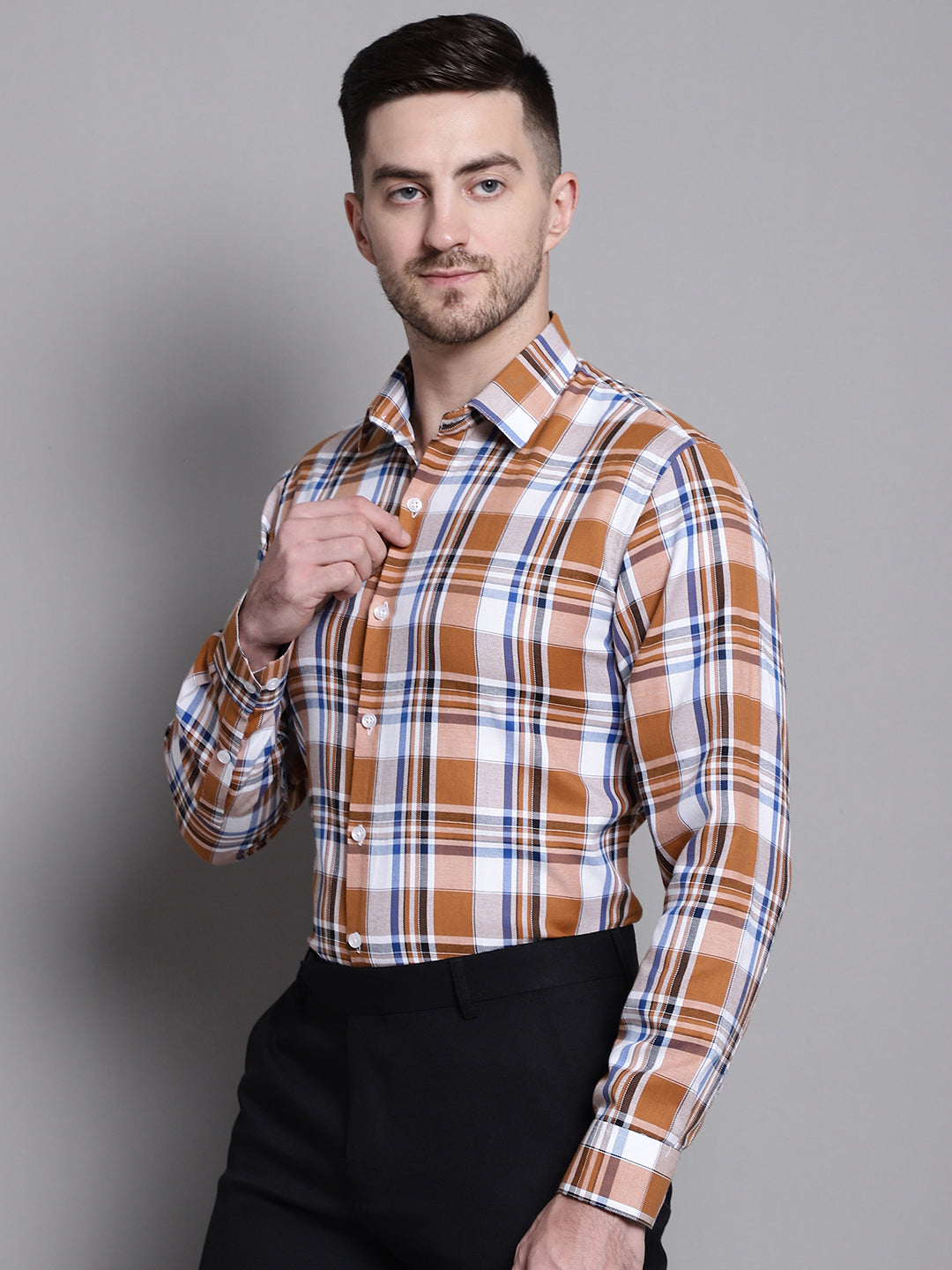 Jainish Men's Classic Checks Formal Shirt - Orange