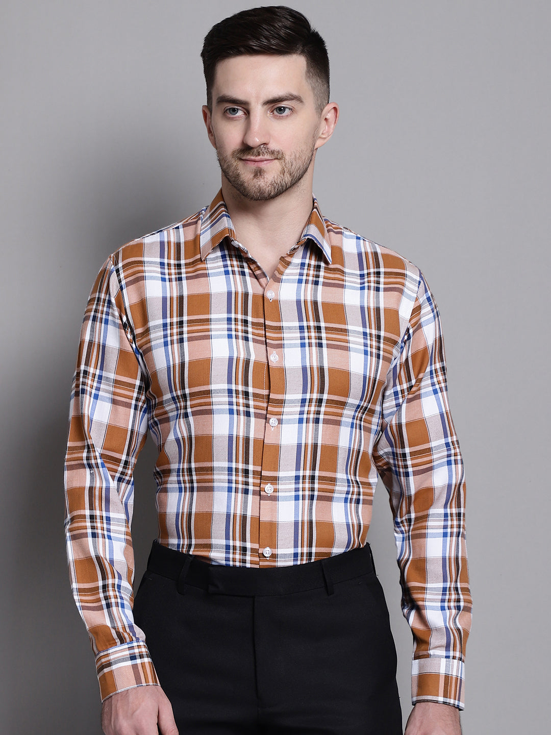 Jainish Men's Classic Checks Formal Shirt - Orange