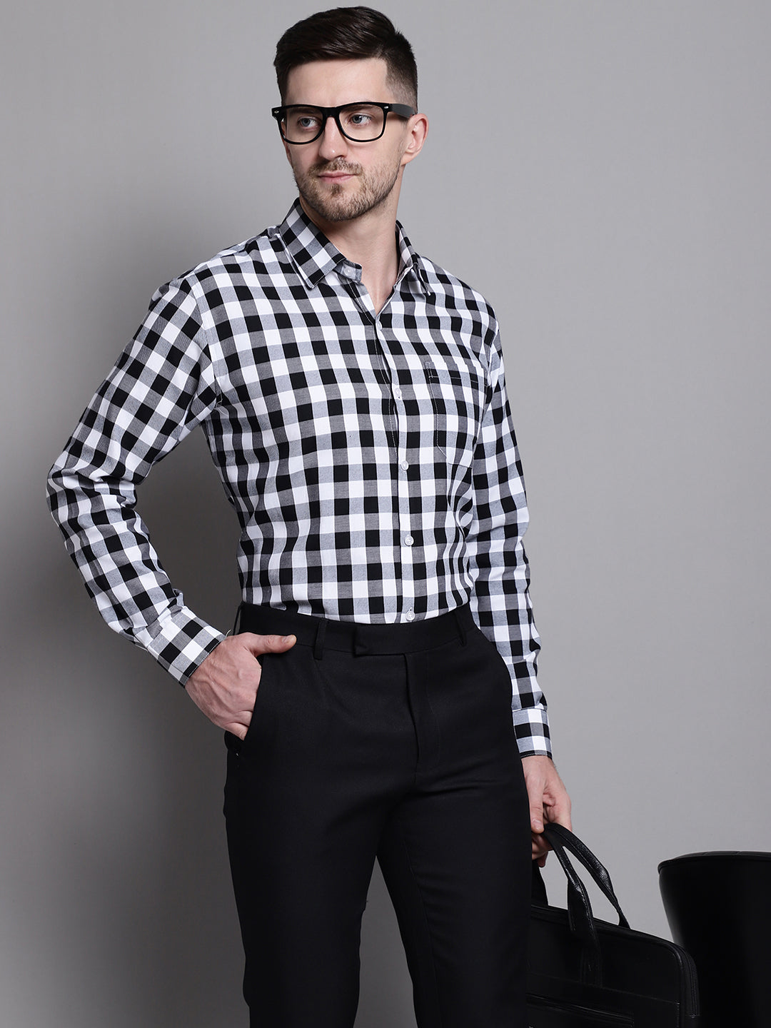 Jainish Men's Buffalo Check Formal Shirt - Black