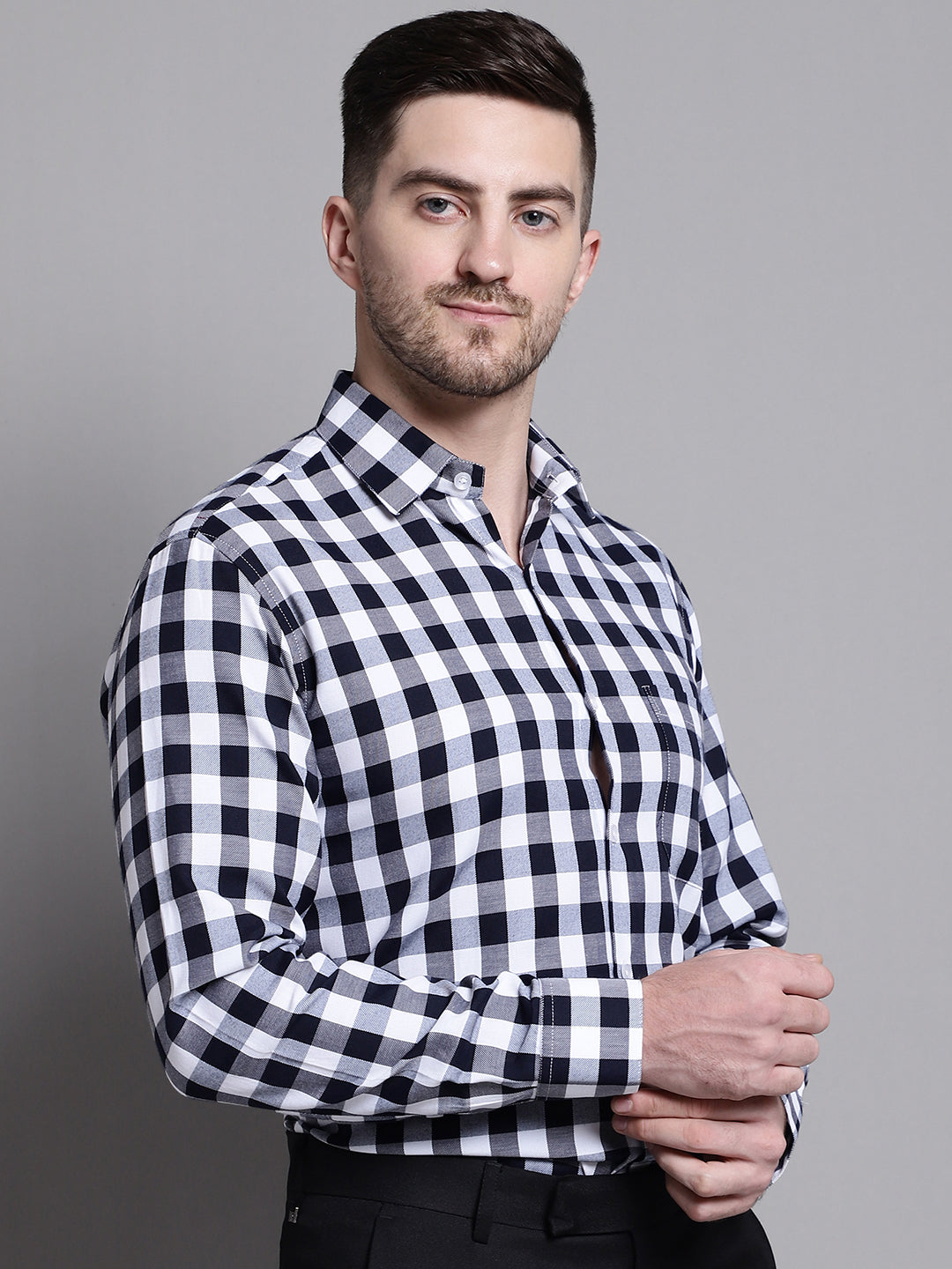 Jainish Men's Buffalo Check Formal Shirt - Navy Blue