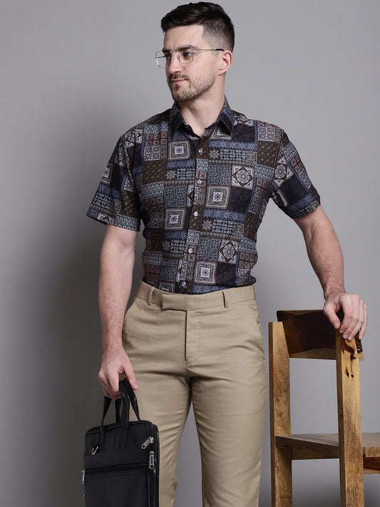 Jainish Men's Printed Formal Shirt - Coffee