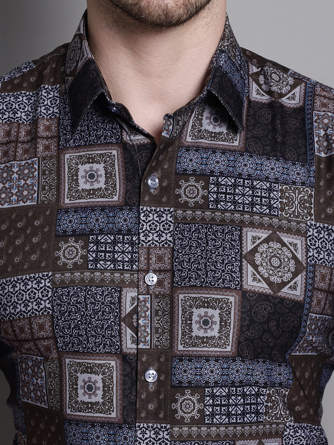 Jainish Men's Printed Formal Shirt - Coffee