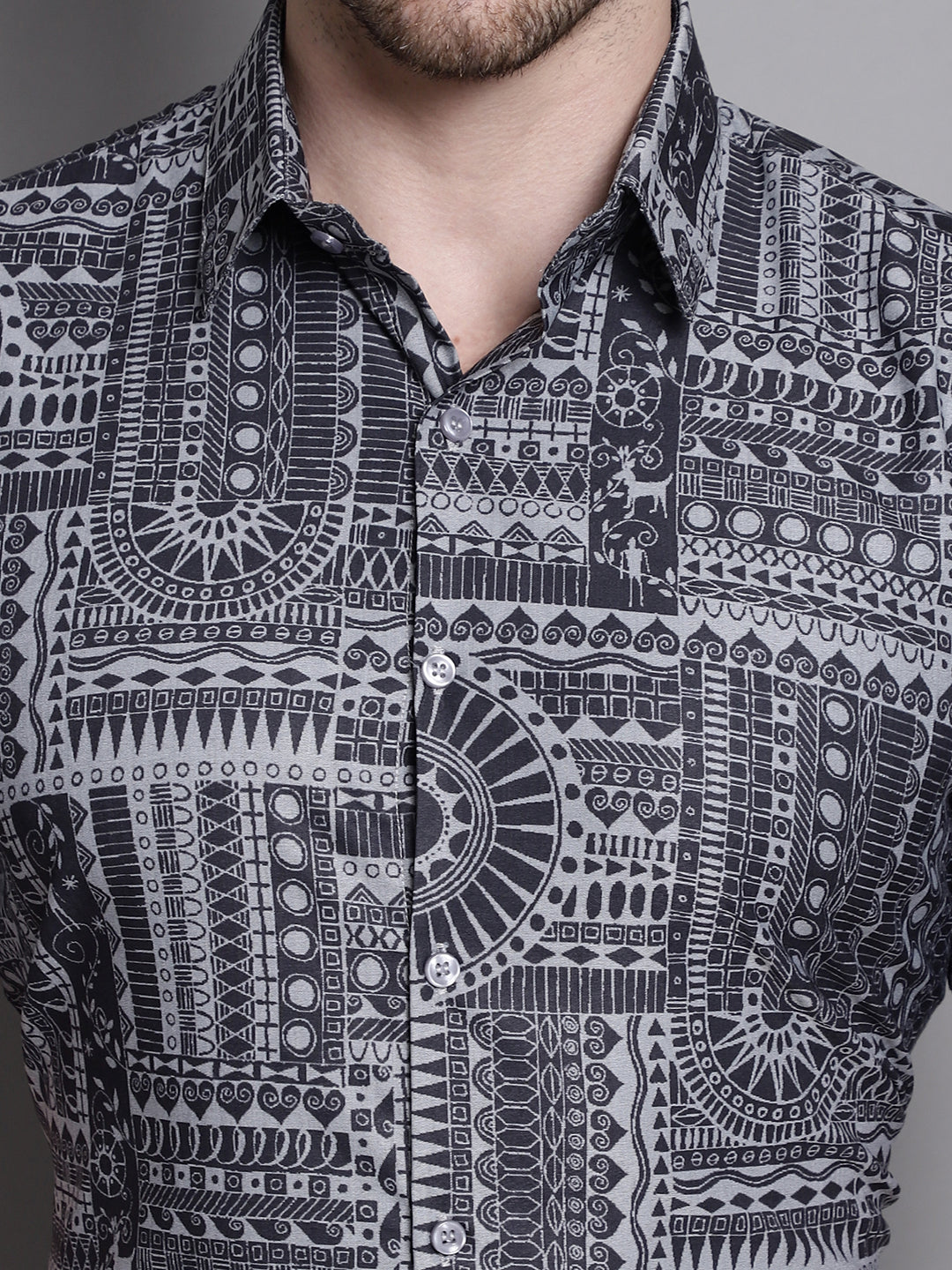 Jainish Men's Printed Formal Shirt - Grey