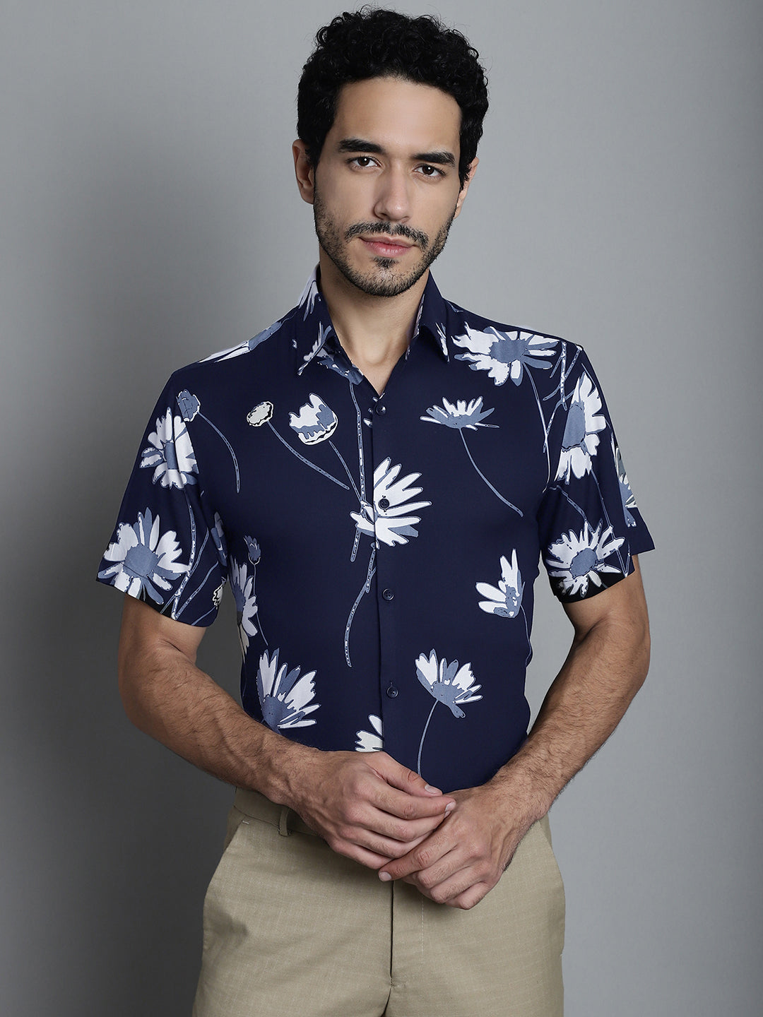 Jainish Men's Floral Printed Formal Shirts - Navy Blue