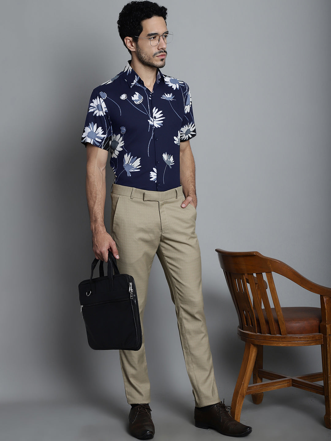 Jainish Men's Floral Printed Formal Shirts - Navy Blue