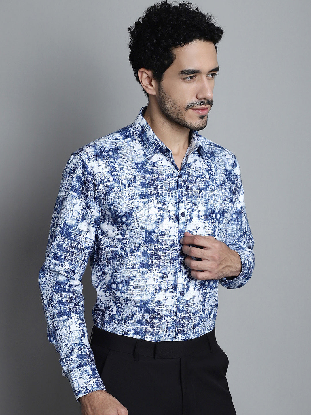 Jainish Men's Geomatric Printed Formal Shirts - Blue