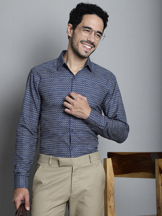 Jainish Men's Geomatric Printed Formal Shirts - Navy Blue