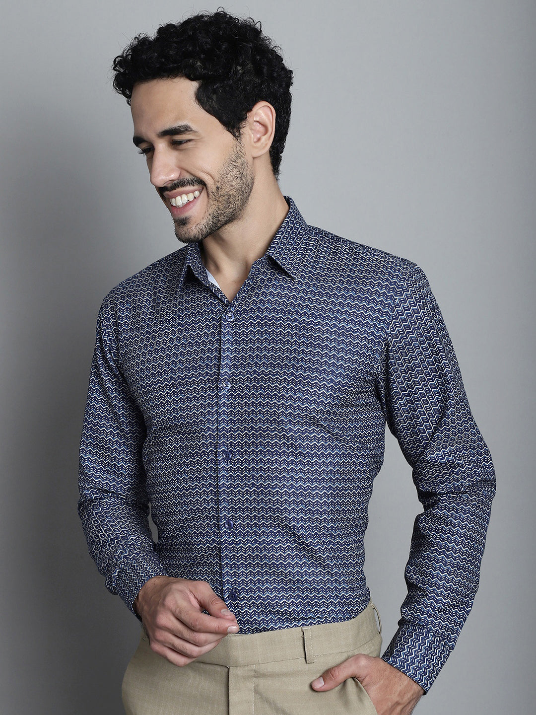 Jainish Men's Geomatric Printed Formal Shirts - Navy Blue