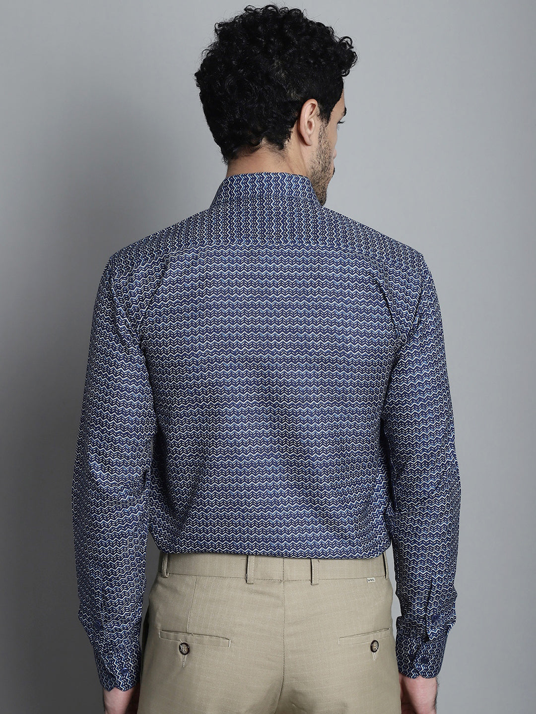 Jainish Men's Geomatric Printed Formal Shirts - Navy Blue