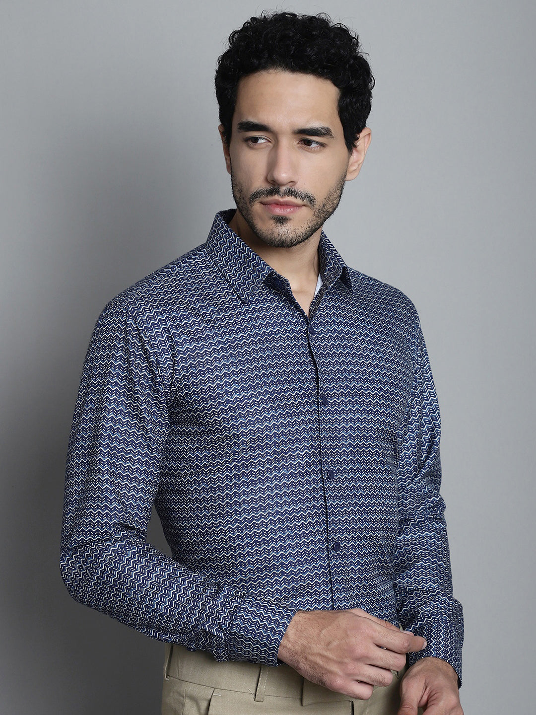Jainish Men's Geomatric Printed Formal Shirts - Navy Blue