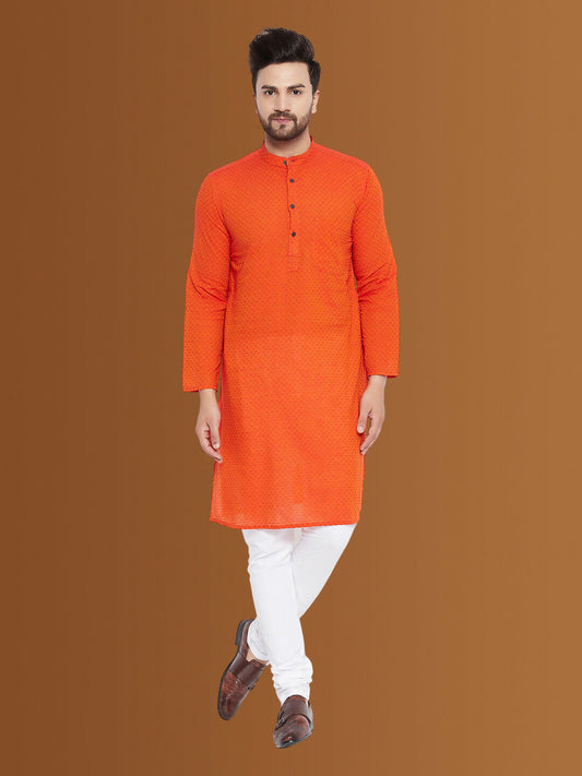 Even Apparels Men's Pure Cotton Orange Kurta