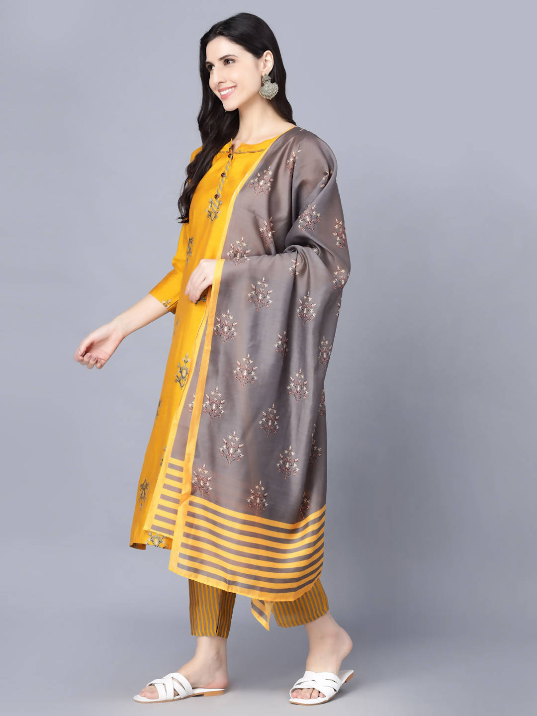 Myshka Women Mustard Yellow Ethnic Motifs Embroidered Panelled Kurti with Trousers With Dupatta