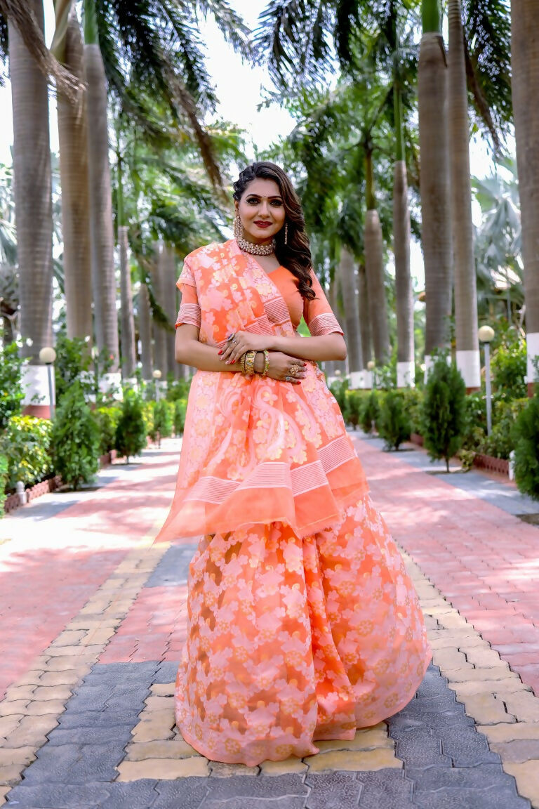 Partywear Designer Orange Jamdani contton Fancy Saree - Starwalk