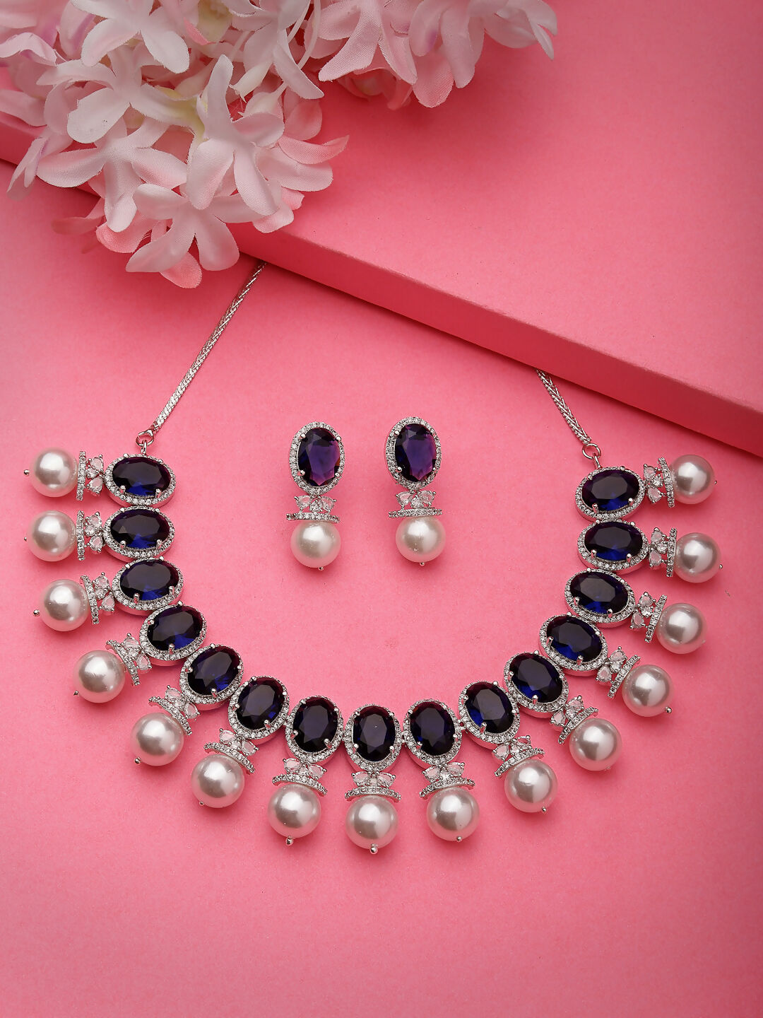 NVR Women's Silver-Plated Blue American Diamond Studded Handcrafted Jewellery Set - Grab2buy