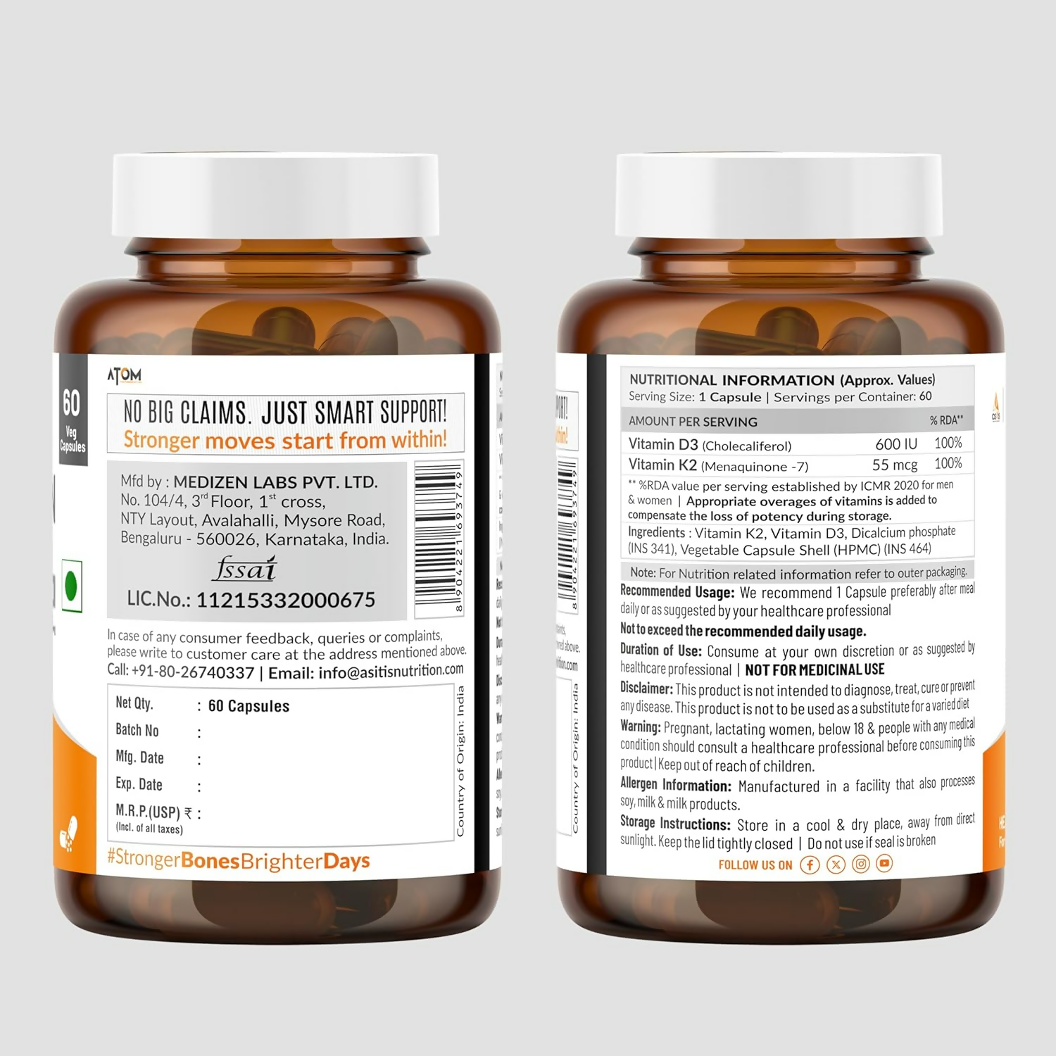 As-It-Is Atom Vitamin D3 & K2 (Mk-7) Veg Capsules 