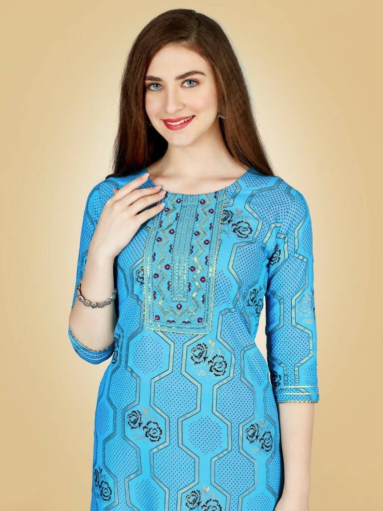 Aastha Fashion Women's Sky Blue Viscose Rayon Embroidered Kurta Pant Set - Grab2buy