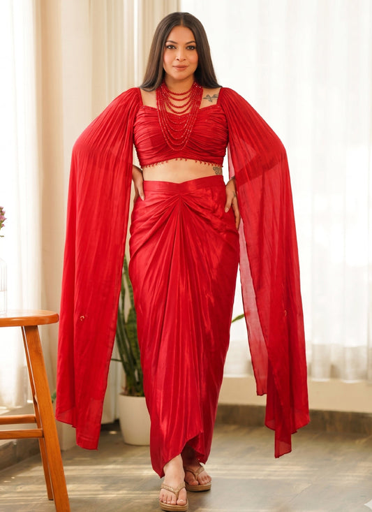 Vegaa Fashion Red Beads Chinon Silk Indo Western Suit  Grab2Buy Vegaa Fashion Grab2Buy