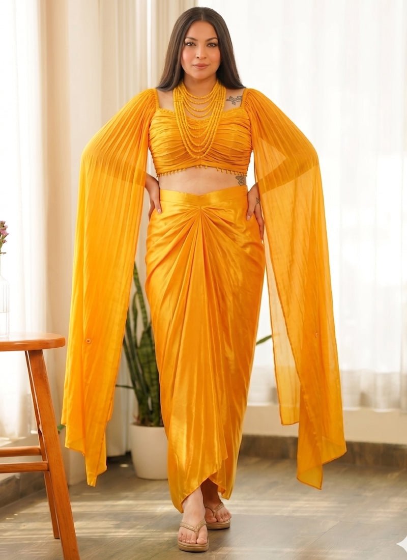 Vegaa Fashion Yellow Beads Chinon Silk Indo Western Suit  Grab2Buy Vegaa Fashion Grab2Buy