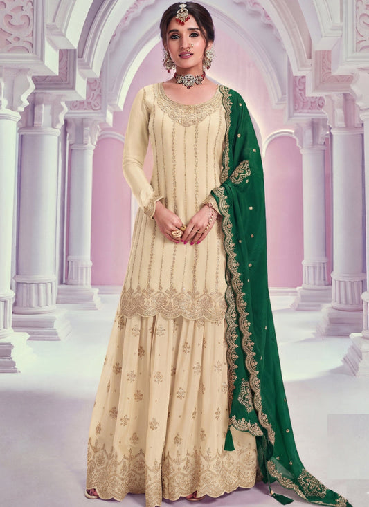 Vegaa Fashion Cream Zari Chinon Silk Palazzo Suit  Grab2Buy Vegaa Fashion Grab2Buy