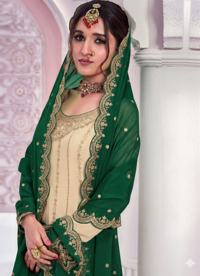 Vegaa Fashion Cream Zari Chinon Silk Palazzo Suit  Grab2Buy Vegaa Fashion Grab2Buy
