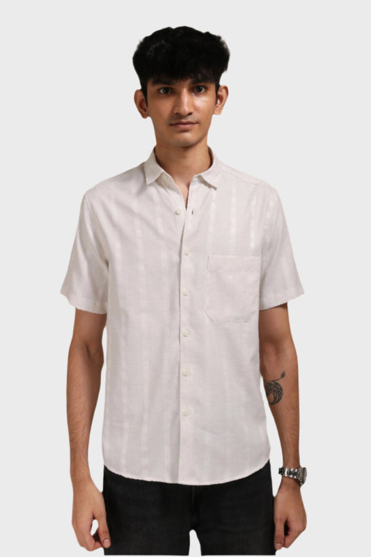 Xkind Off White Self Stripes Regular Fit Shirt 