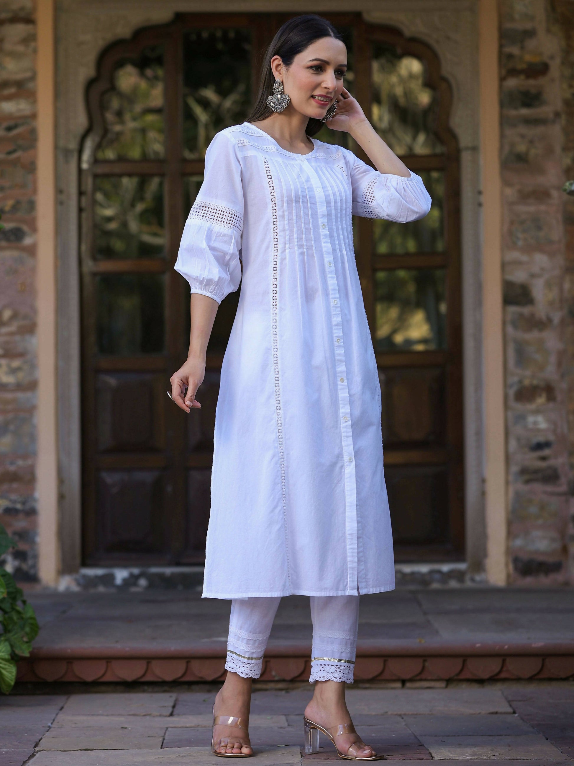Juniper Women's White Cotton Cambric Solid A-Line Kurta
