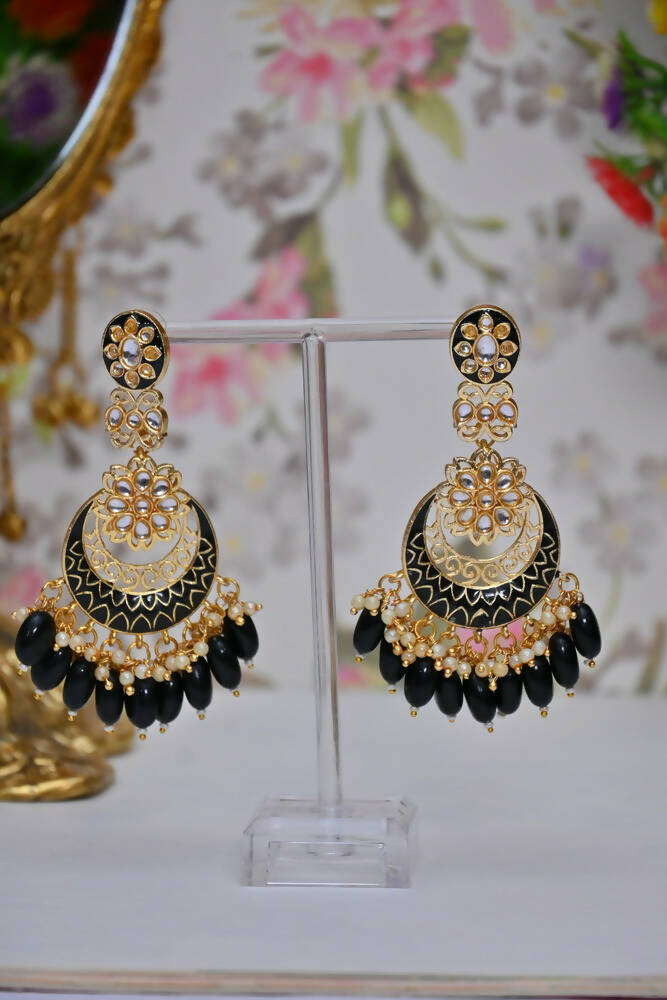 Gold Plated Kundan & Pearl Dangle Women Black Meenakari Chandbali Earrings By House of Ree - Grab2buy