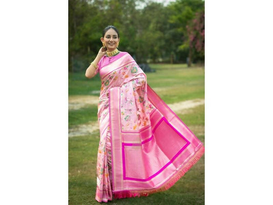 Aastha Fashion Women's Baby Pink Banarasi Silk Meenakari Zari Woven Saree with Blouse - Grab2buy