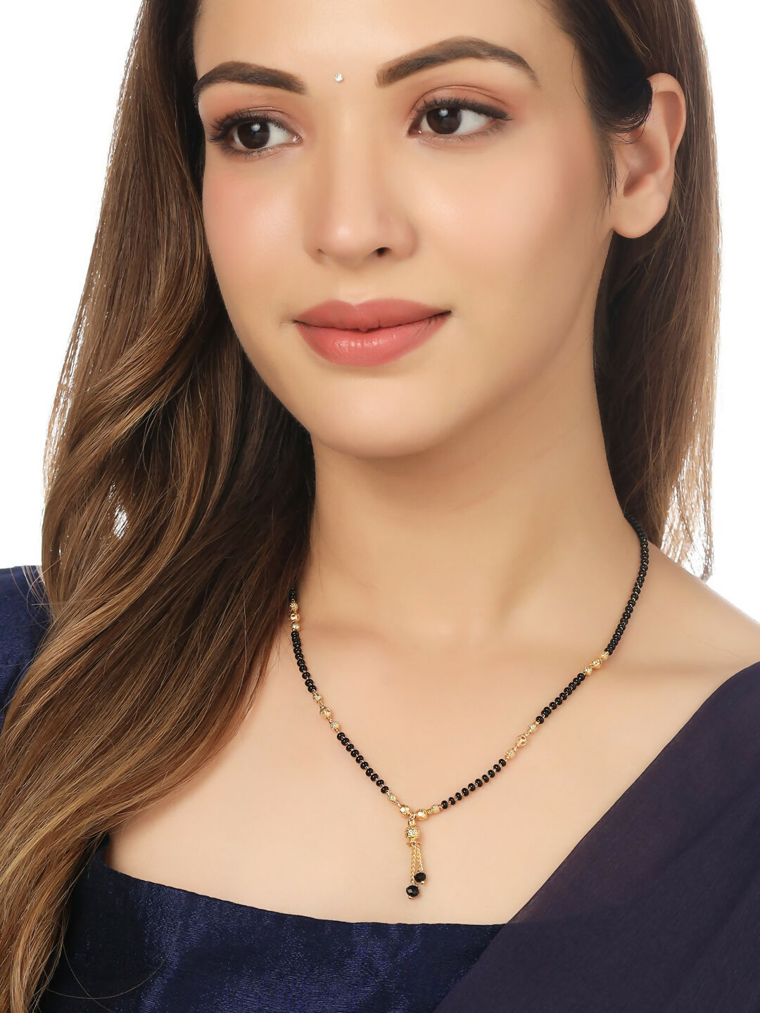 NVR Women's Set of 5 Gold-Polished CZ Stone-Studded & Beaded Mangalsutra 