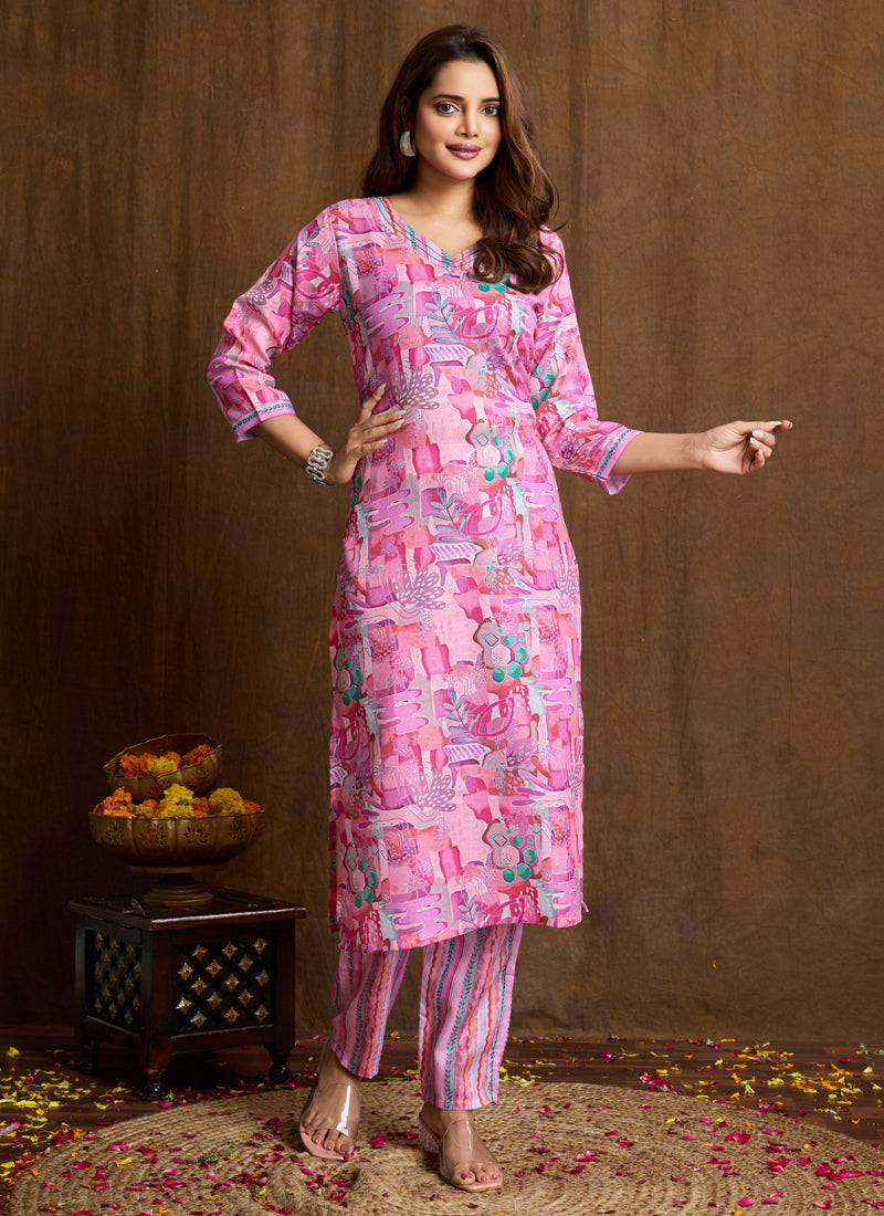 Prazu Fashion Light Pink Printed Cotton Blend Kurta Pant Set