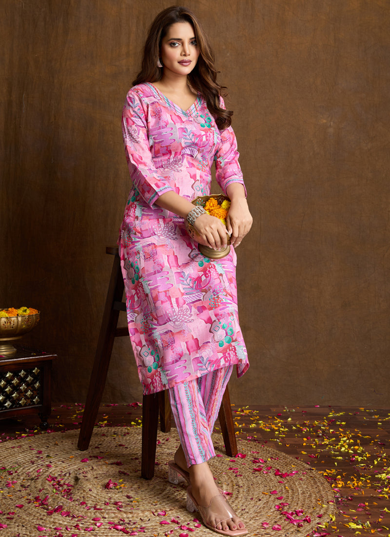 Prazu Fashion Light Pink Printed Cotton Blend Kurta Pant Set