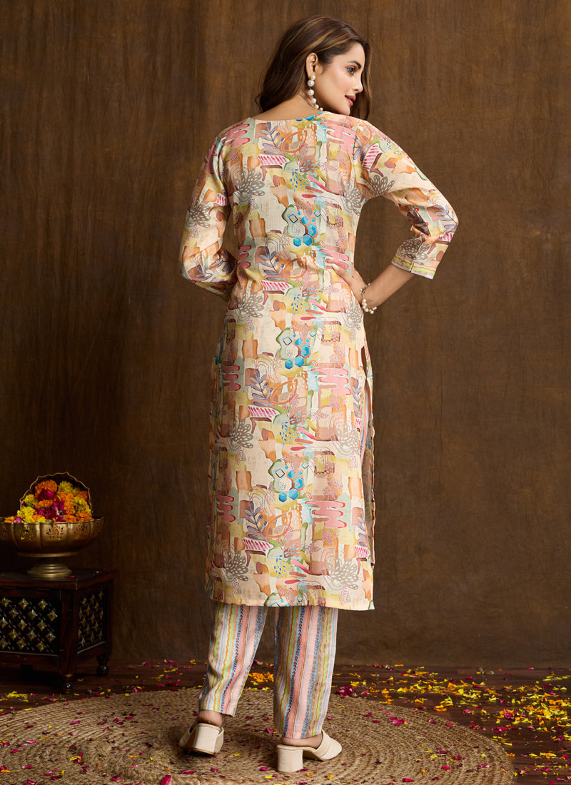 Prazu Fashion Cream Printed Cotton Blend Kurta Pant Set
