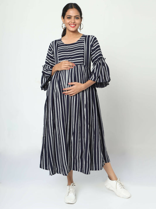 Manet Three Fourth Maternity Dress With Concealed Zipper Nursing Access - Navy Blue