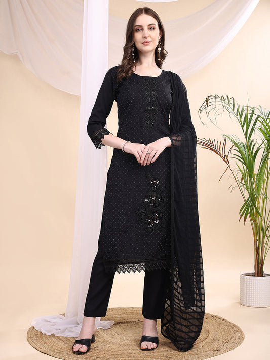 Beads & Swarovski Embroidered Kurta With Pant & Dupatta, Black - Hiral Fashion