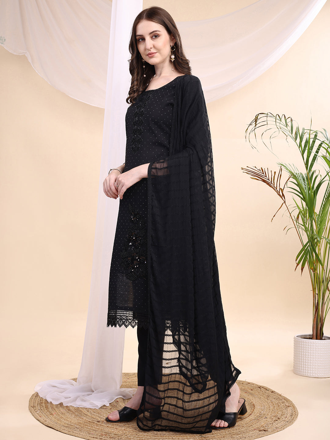Beads & Swarovski Embroidered Kurta With Pant & Dupatta, Black - Hiral Fashion