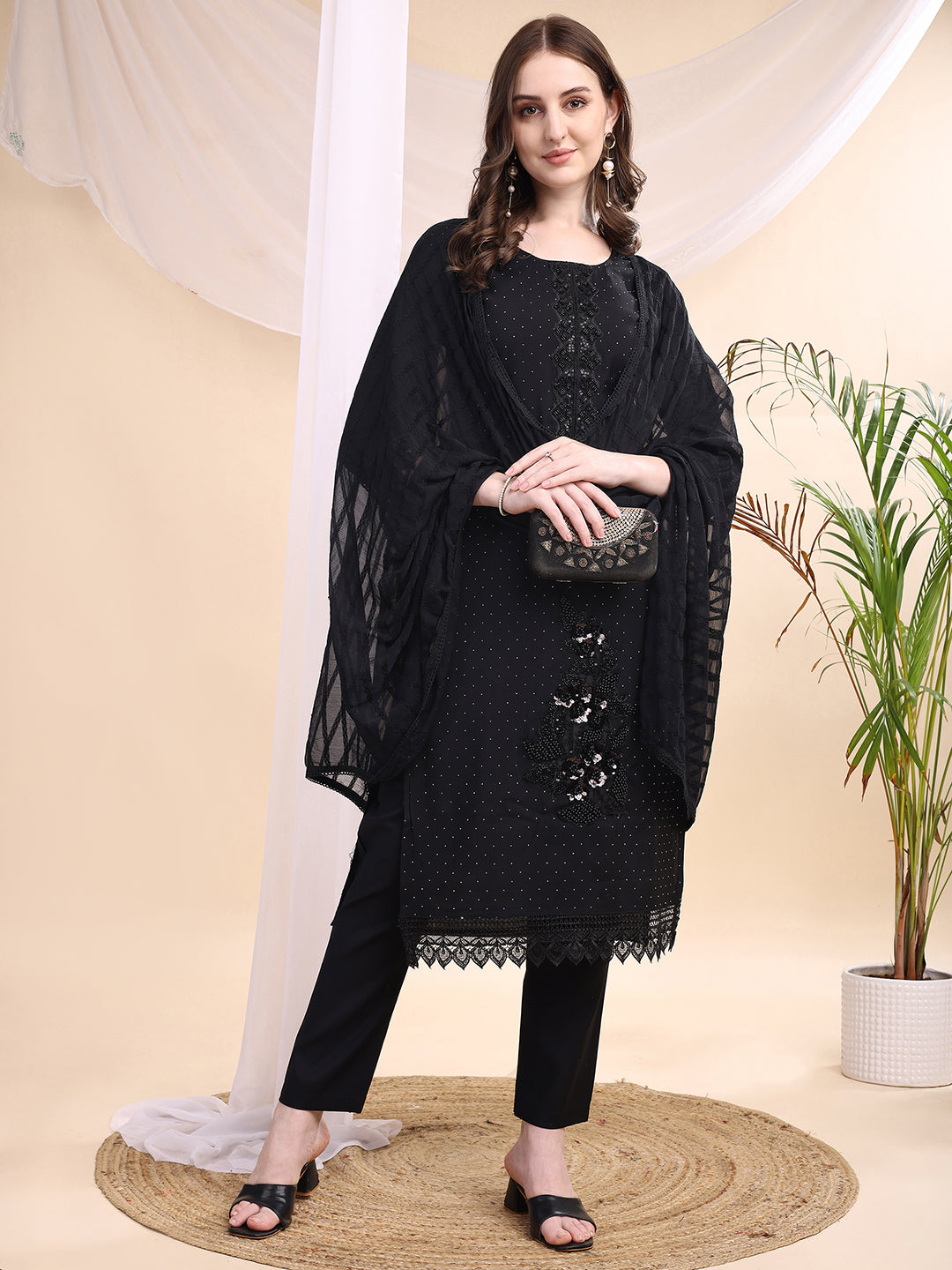 Beads & Swarovski Embroidered Kurta With Pant & Dupatta, Black - Hiral Fashion