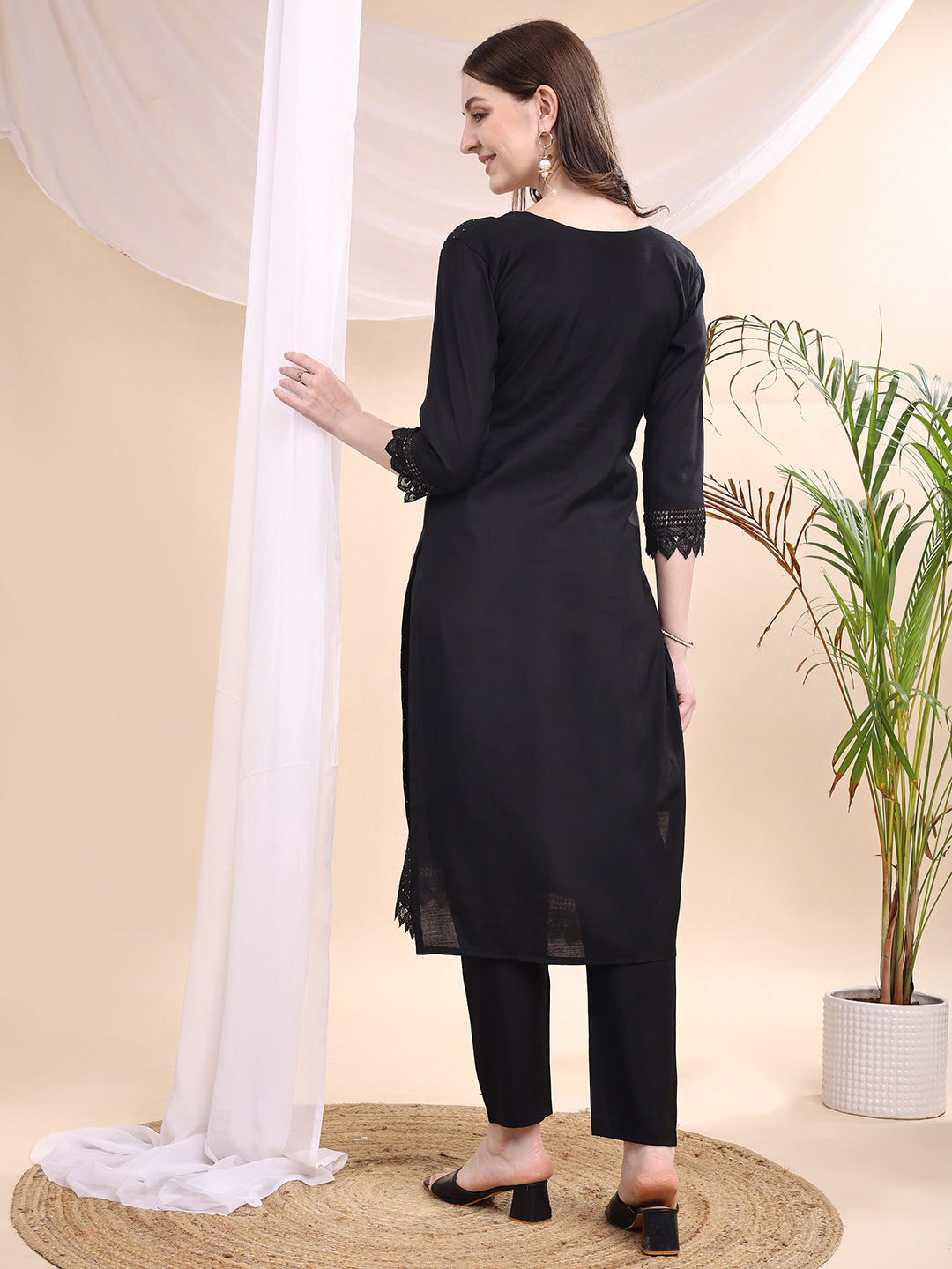 Beads & Swarovski Embroidered Kurta With Pant & Dupatta, Black - Hiral Fashion