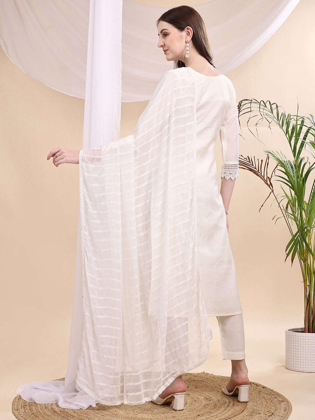 Beads & Swarovski Embroidered Kurta With Pant & Dupatta, White - Hiral Fashion