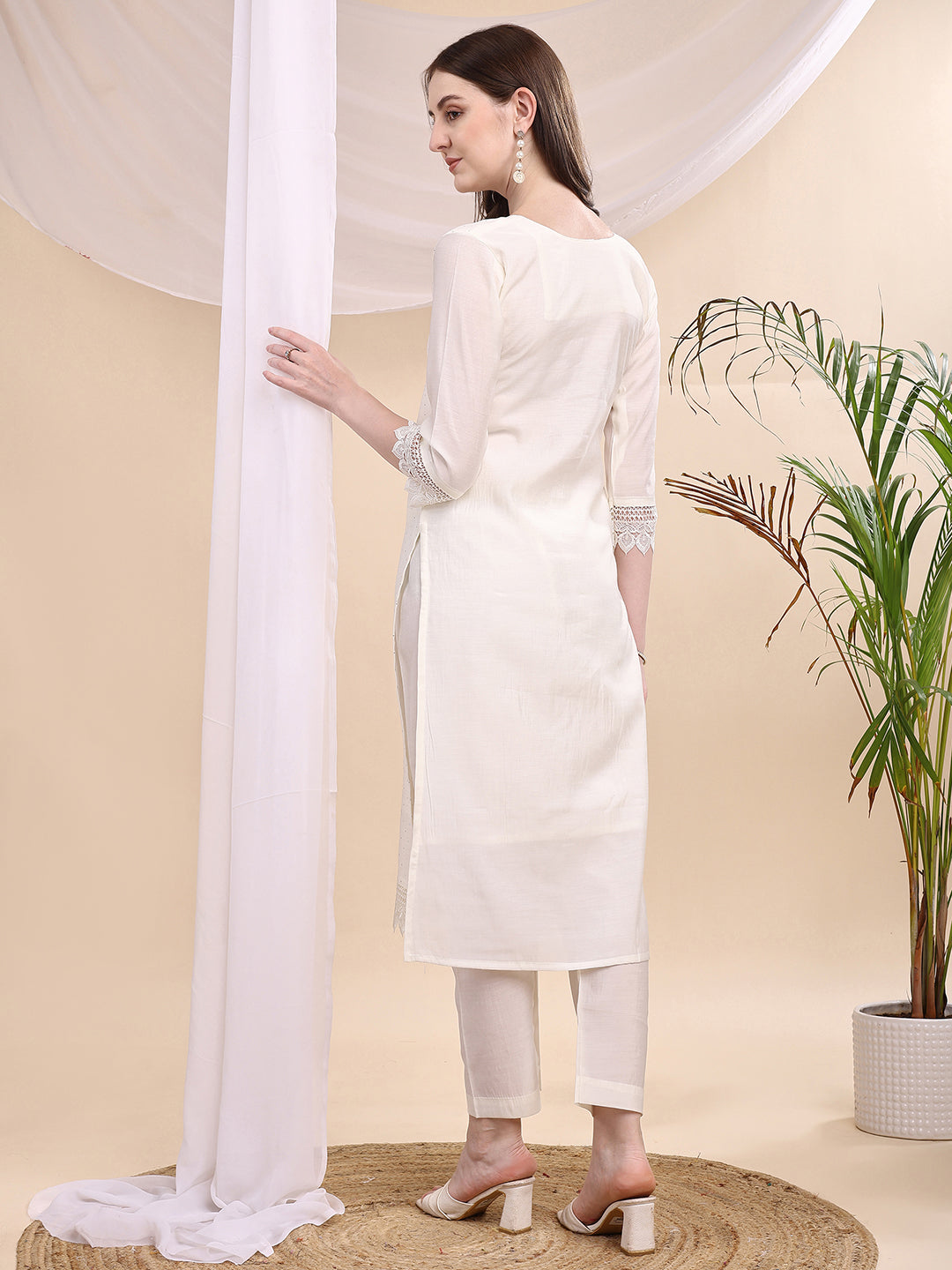 Beads & Swarovski Embroidered Kurta With Pant & Dupatta, White - Hiral Fashion