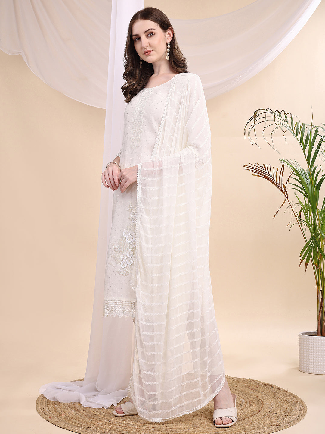 Beads & Swarovski Embroidered Kurta With Pant & Dupatta, White - Hiral Fashion